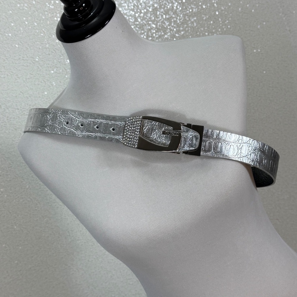GUESS Silver Belt Rhinestone Buckle Metallic Faux Leather 38- 42 Waist